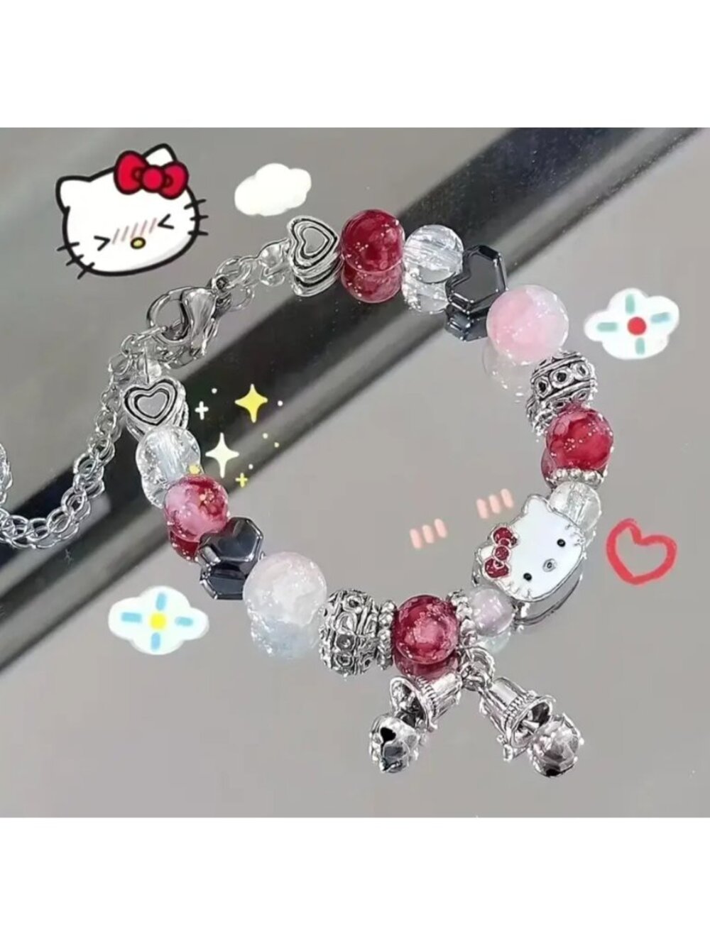 Hello Kitty Pink Beaded Adjustable Bracelet with Cat Bell Charm Jewelry Gift